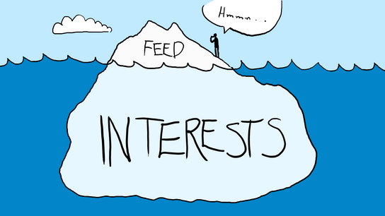 A cartoon of a man standing on a huge iceberg floating in the sea. The top 5 % of the iceberg is above water and labled “feed”, and the remaining 95 % is under water and labeled “interests”.